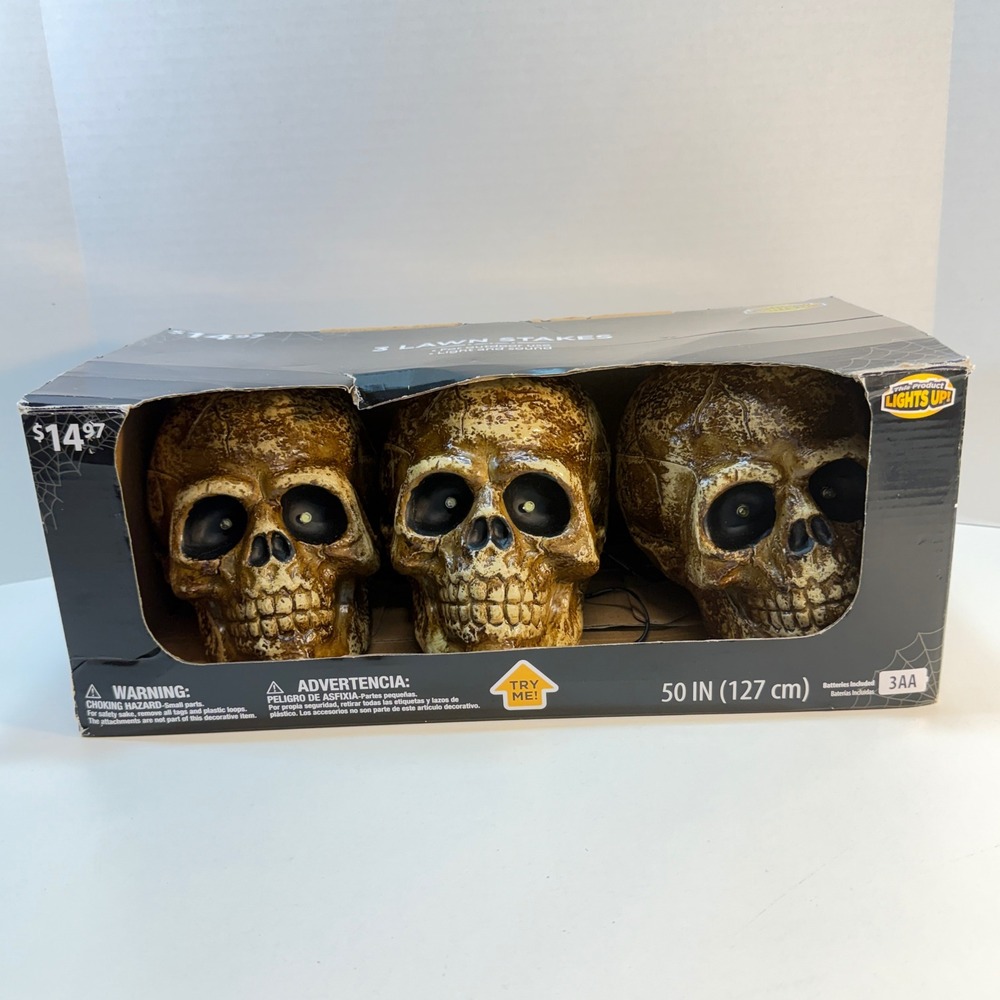 Magic Power Co Skull Lawn Stakes Halloween Decor Light Sound Set Of 3 Spooky
